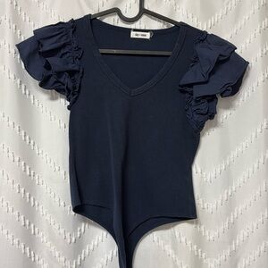 Day and Moon navy body suit with ruffle sleeves